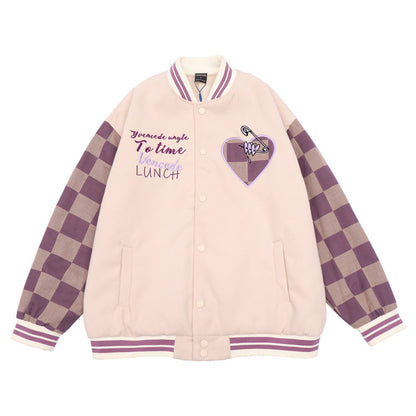 Valentine's Day Jacket Heart Letter Embroidery Contrast Color Jacket Coat Men Loose Lapel Couple Baseball Uniform