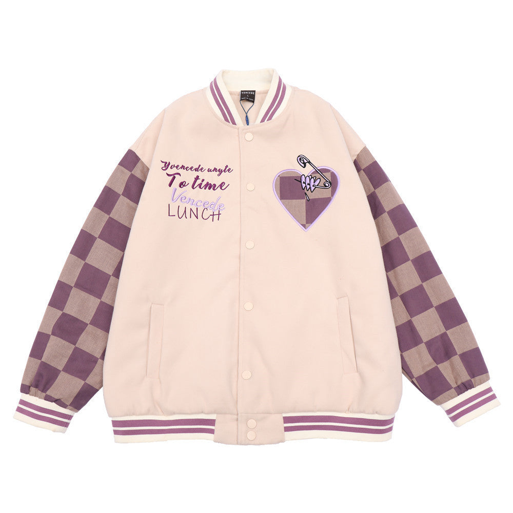 Valentine's Day Jacket Heart Letter Embroidery Contrast Color Jacket Coat Men Loose Lapel Couple Baseball Uniform