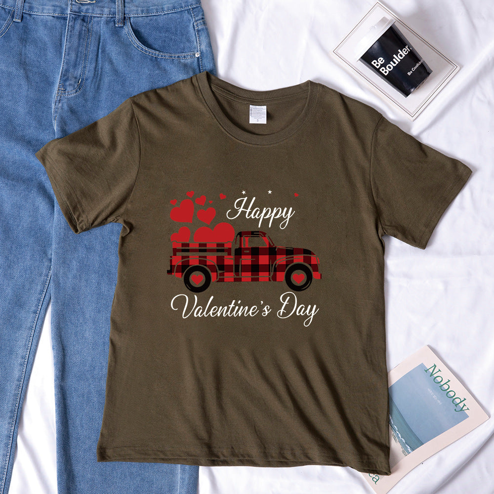 Valentine 'S Day T Shirts Couples Letter Truck Print Loose Pullover Short Sleeve T-shirt