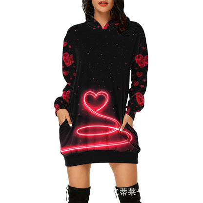 Valentine's Day Dress Hooded Long Sleeve Printed Skirt