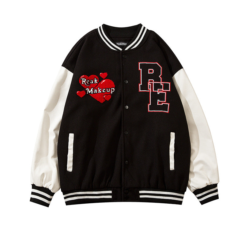 Valentine's Day Jacket Stitching PU Leather Embroidery on Sleeves Love Angel Towel Embroidery Couple Baseball Uniform