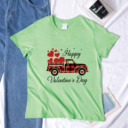 Valentine 'S Day T Shirts Couples Letter Truck Print Loose Pullover Short Sleeve T-shirt