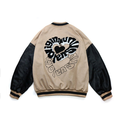 Valentine's Day Jacket Hip Hop Retro Love Flocking Embroidered Baseball Uniform Men's PU Leather Stitching Casual Jacket Coat