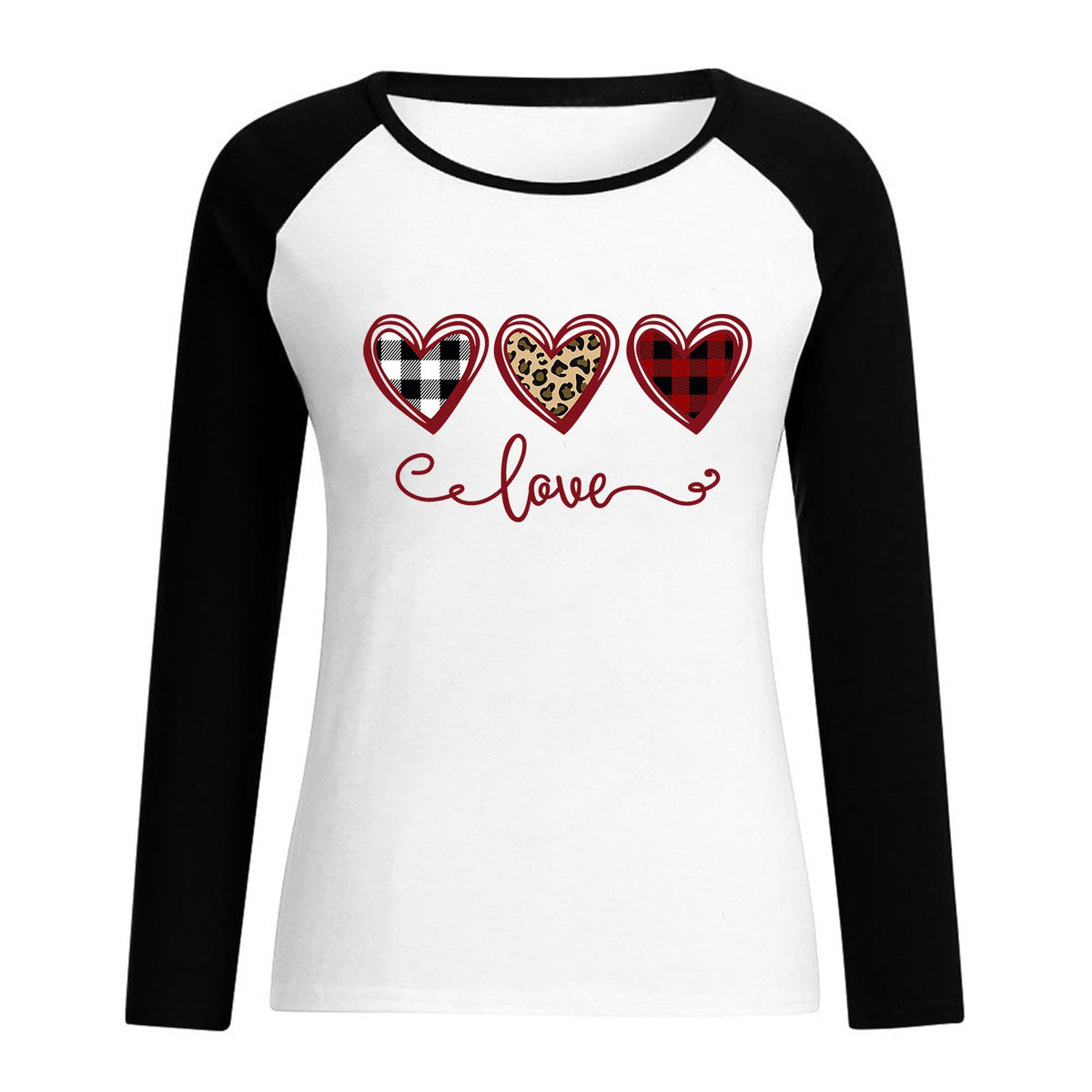 Valentine 'S Day T Shirt Top Raglan Long Sleeve Love Heart Printing Round Neck Cotton