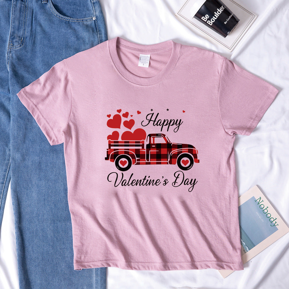 Valentine 'S Day T Shirts Couples Letter Truck Print Loose Pullover Short Sleeve T-shirt