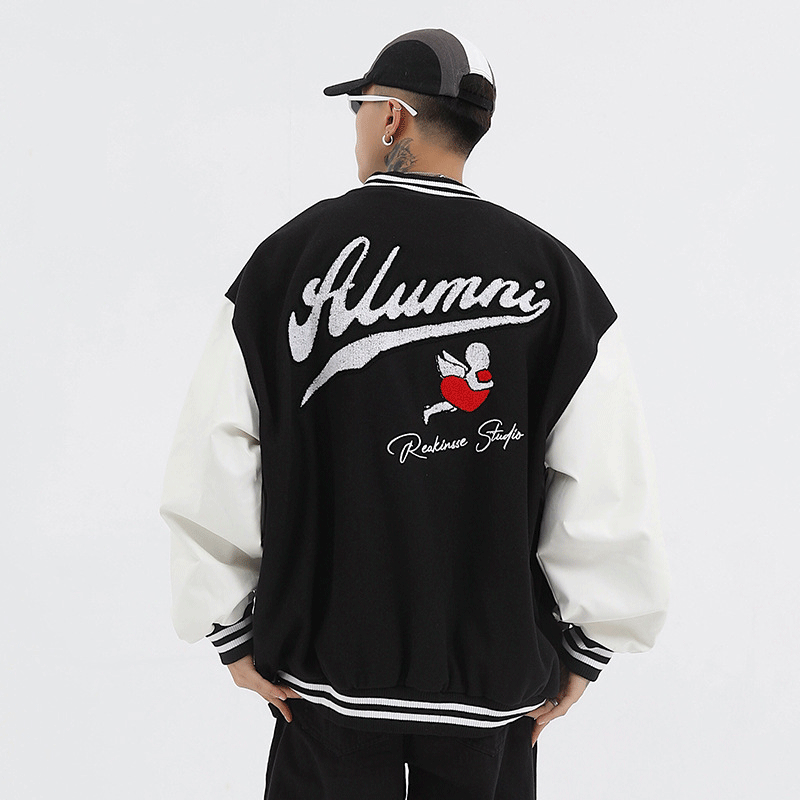 Valentine's Day Jacket Stitching PU Leather Embroidery on Sleeves Love Angel Towel Embroidery Couple Baseball Uniform
