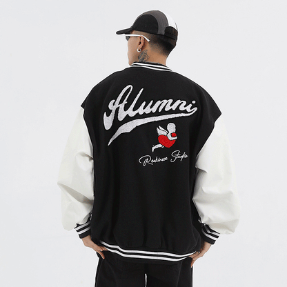 Valentine's Day Jacket Stitching PU Leather Embroidery on Sleeves Love Angel Towel Embroidery Couple Baseball Uniform