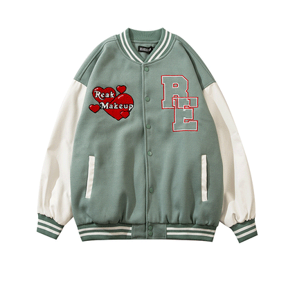 Valentine's Day Jacket Stitching PU Leather Embroidery on Sleeves Love Angel Towel Embroidery Couple Baseball Uniform