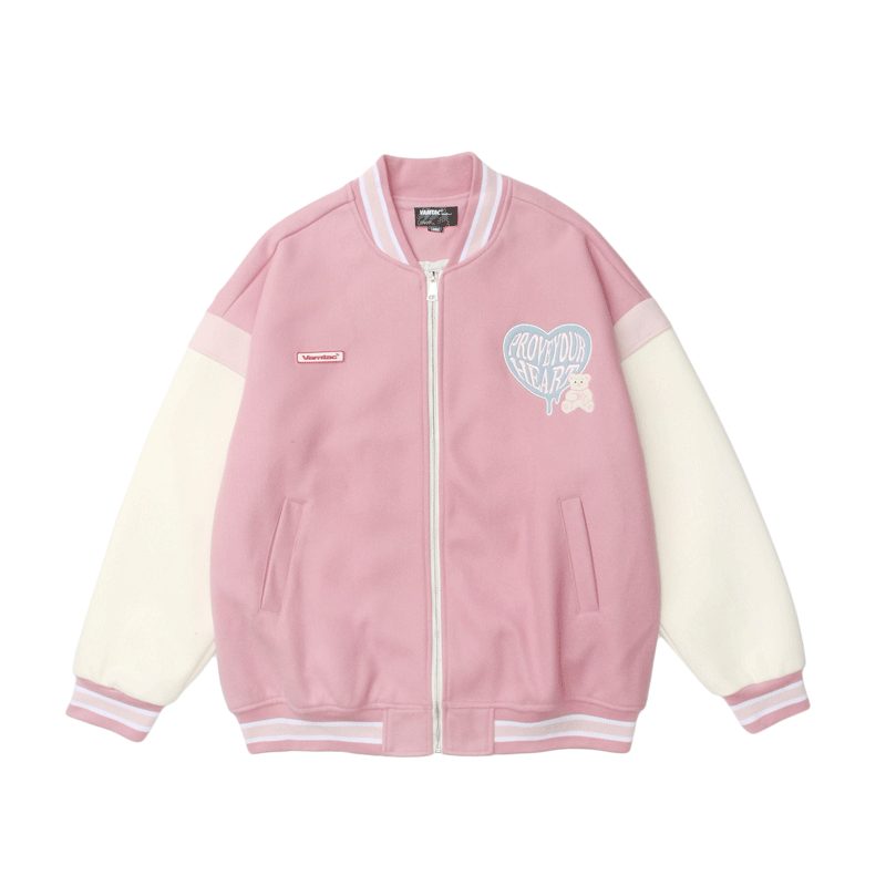 Valentine's Day Jacket Color Contrast Patchwork Drop-Shoulder Sleeve Couple Loose Woolen Baseball Uniform Jacket